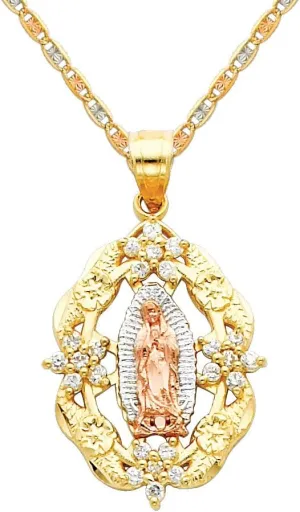 The World Jewelry Center 14k Tri Color Gold Religious Mary Guadlupe CZ Pendant with 1.5mm Valentino Diamond Cut Chain Necklace