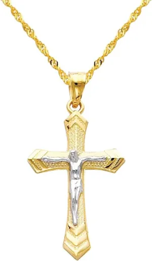 The World Jewelry Center 14k Two Tone Gold Jesus Cross Religious Pendant with 1.2mm Singapore Chain Necklace