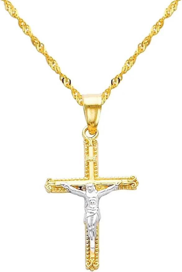 The World Jewelry Center 14k Two Tone Gold Jesus Cross Religious Pendant with 1.2mm Singapore Chain Necklace