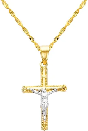 The World Jewelry Center 14k Two Tone Gold Jesus Cross Religious Pendant with 1.2mm Singapore Chain Necklace