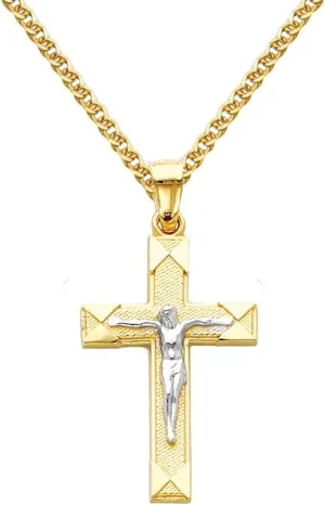 The World Jewelry Center 14k Two Tone Gold Jesus Cross Religious Pendant with 1.5mm Flat Open Wheat Chain Necklace