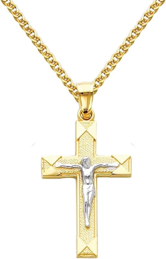 The World Jewelry Center 14k Two Tone Gold Jesus Cross Religious Pendant with 1.5mm Flat Open Wheat Chain Necklace