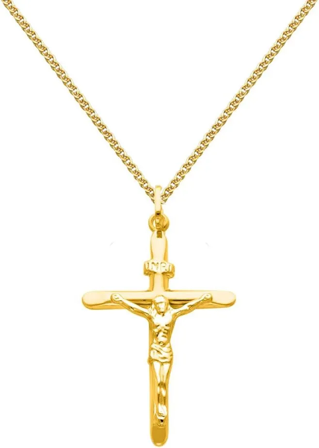 The World Jewelry Center 14k Yellow Gold Crucifix Cross Pendant with 1.5mm Flat Open Wheat Chain Necklace