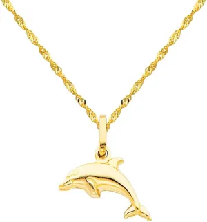 The World Jewelry Center 14k Yellow Gold Dolphin Pendant with 1.2mm Singapore Chain Necklace