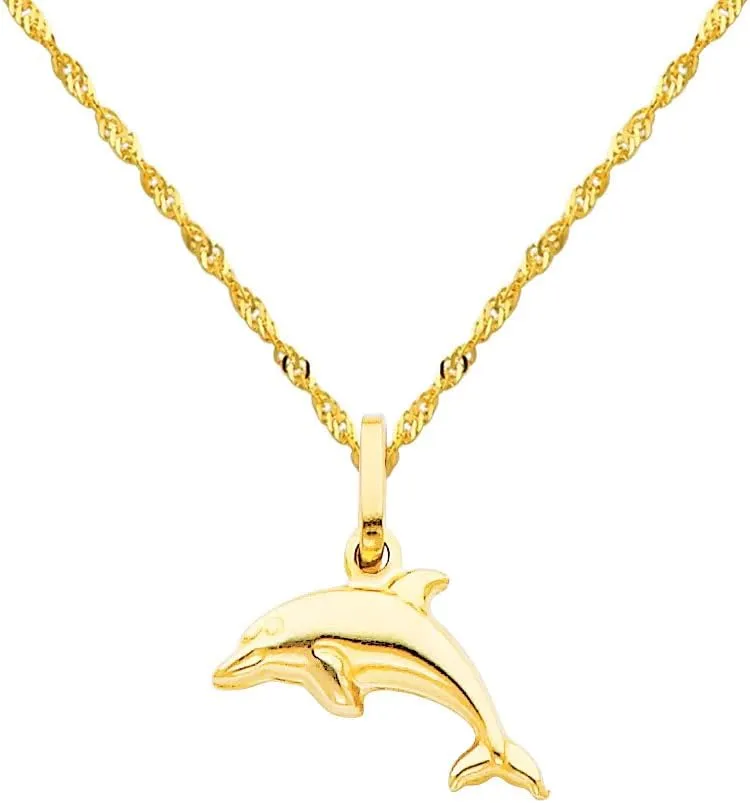 The World Jewelry Center 14k Yellow Gold Dolphin Pendant with 1.2mm Singapore Chain Necklace