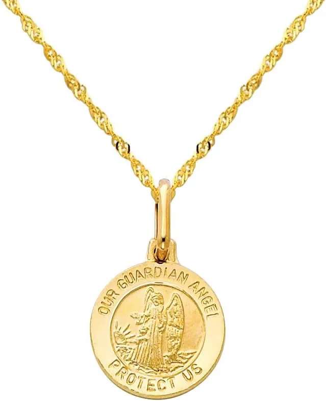 The World Jewelry Center 14k Yellow Gold Religious Our Guardian Angel Medal Pendant with 1.2mm Singapore Chain Necklace