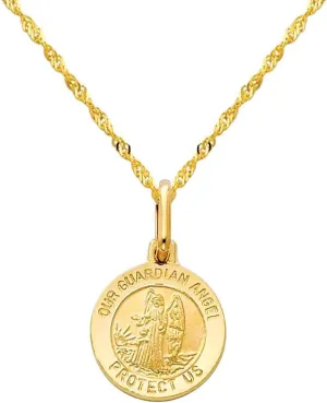 The World Jewelry Center 14k Yellow Gold Religious Our Guardian Angel Medal Pendant with 1.2mm Singapore Chain Necklace