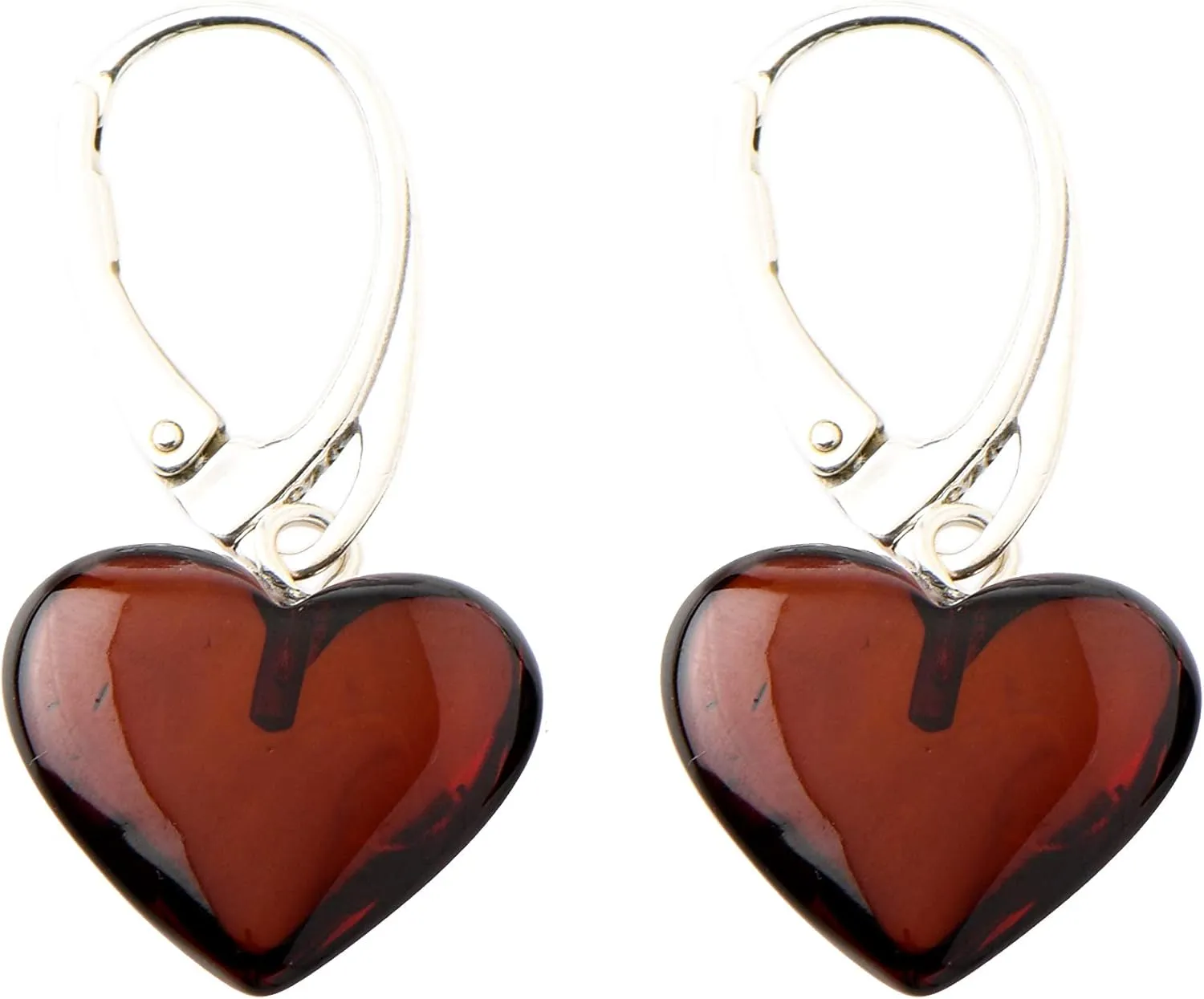 TheNaturalAmber Amber Earrings  Cherry Baltic Amber Heart Drop Earrings in Sterling Silver 925, Polished Dangle Design for Women