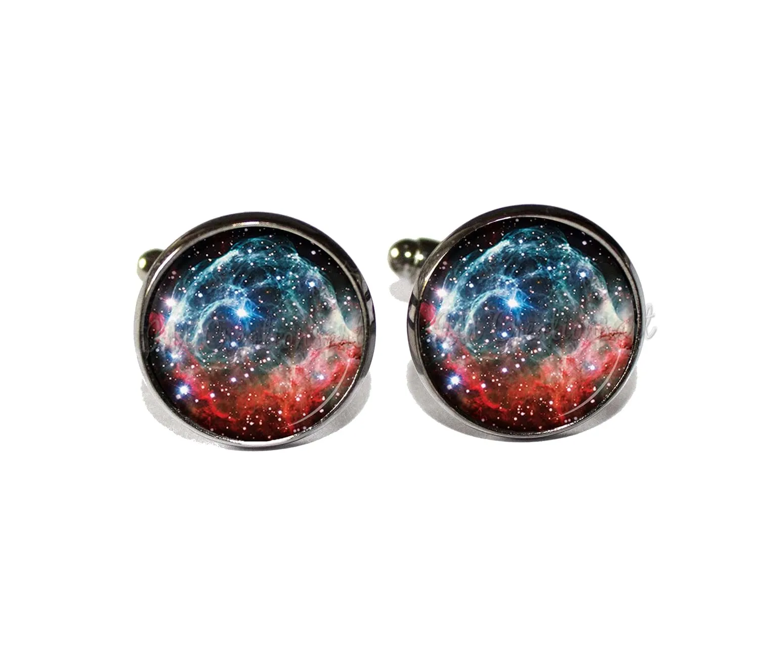 Thor's Helmet Nebula Design Celestial Handmade ROUND Glass Metal Cuff LInks Cufflinks Gift for Him (Gunmetal Black)