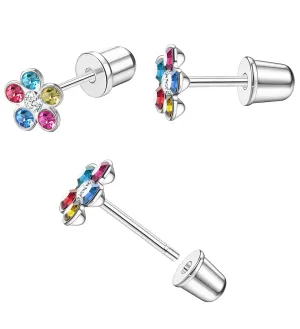 Threadless Flat Back Stud Earrings Hypoallergenic Titanium Earrings Flat Back Handmade 6MM Heart/Star/Flower CZ Push in Surgical Steel Earrings for Women Girls Colourful Tone