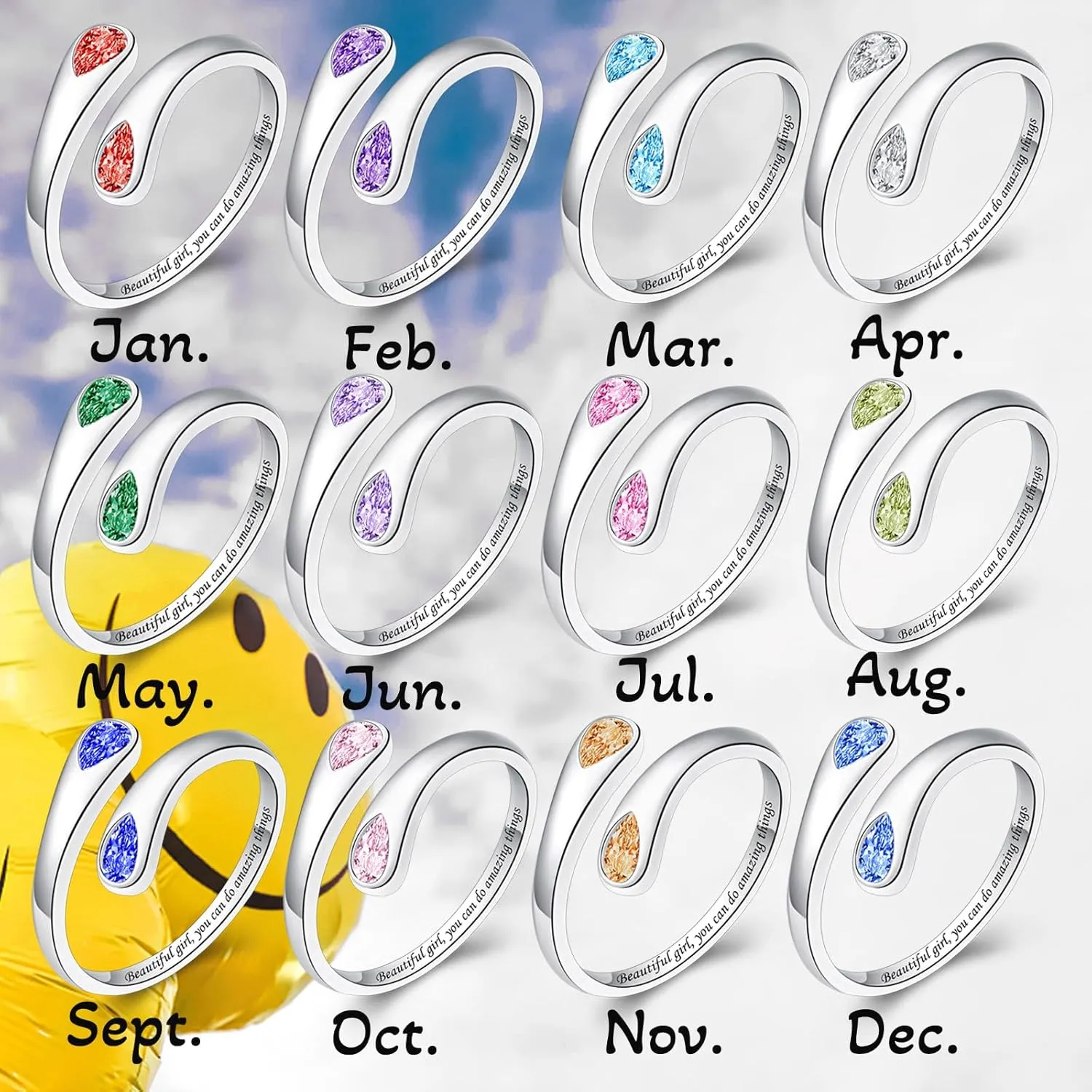 Thumb Rings for Women - 925 Sterling Silver Birthstone Open Teardrop Encouragement Adjustable Ring Women Gifts for Teens Mom Birthday Mother's Day St Patricks Day