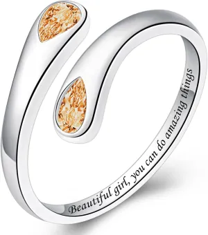 Thumb Rings for Women - 925 Sterling Silver Birthstone Open Teardrop Encouragement Adjustable Ring Women Gifts for Teens Mom Birthday Mother's Day St Patricks Day
