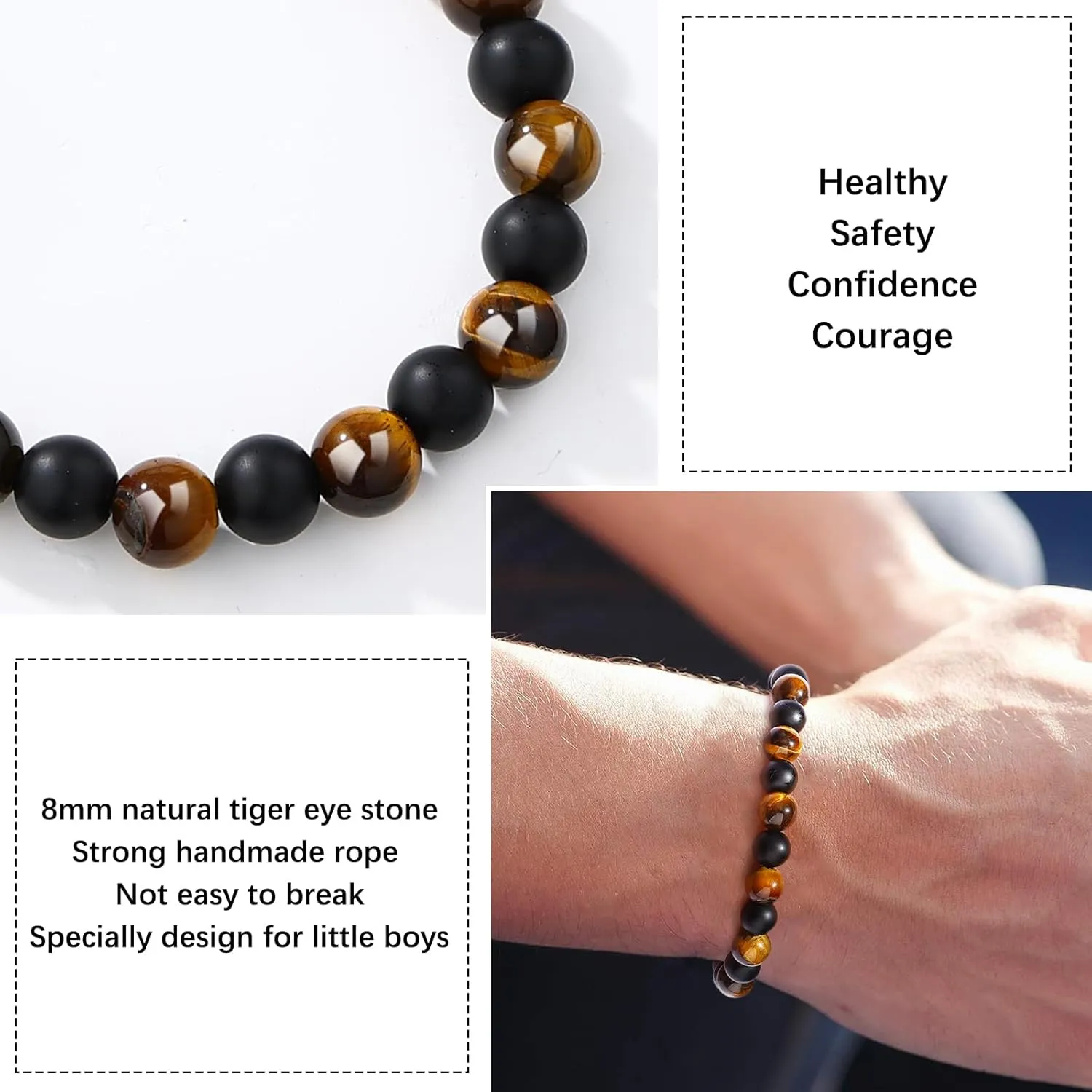 Tiger Eye Bracelets for Teen Boys- Double Protection 8mm Natural Stone Bracelet - Handmade Adjustable Bead Bracelet - Luck Gifts for Son, Grandson, Brother
