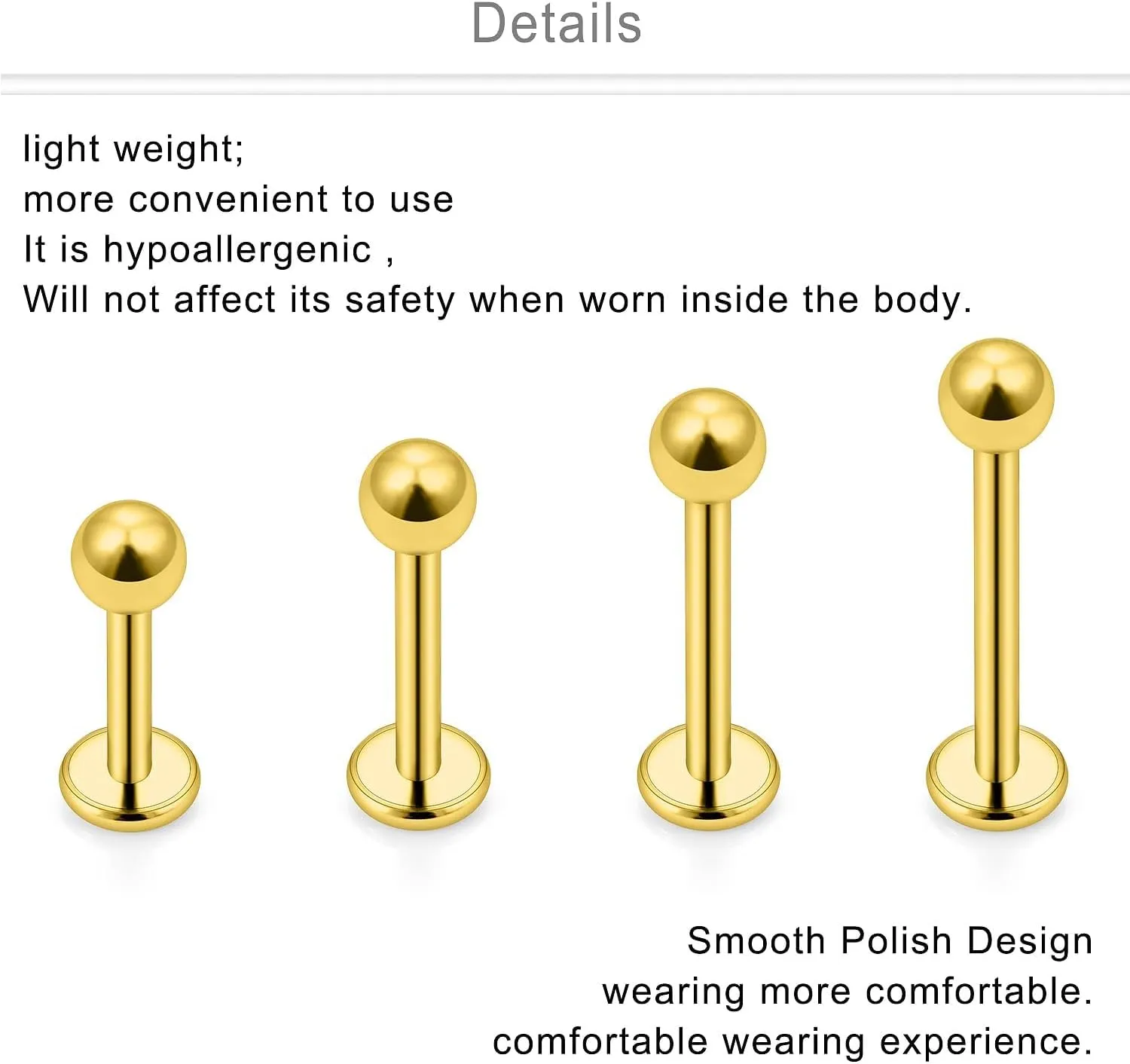 Titanium Labret Studs 18G - 6 Pack Body Piercing Jewelry with 3mm Cones & Ball Ends, Hypoallergenic Flat Back Studs for Lip, Nose, Cartilage, Helix, Tragus, and Ear Piercings (6mm/8mm/10mm)