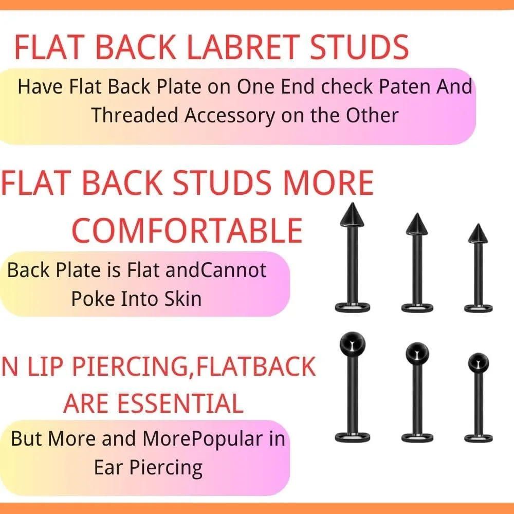 Titanium Labret Studs 18G - 6 Pack Body Piercing Jewelry with 3mm Cones & Ball Ends, Hypoallergenic Flat Back Studs for Lip, Nose, Cartilage, Helix, Tragus, and Ear Piercings (6mm/8mm/10mm)