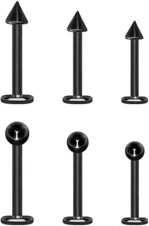 Titanium Labret Studs 18G - 6 Pack Body Piercing Jewelry with 3mm Cones & Ball Ends, Hypoallergenic Flat Back Studs for Lip, Nose, Cartilage, Helix, Tragus, and Ear Piercings (6mm/8mm/10mm)