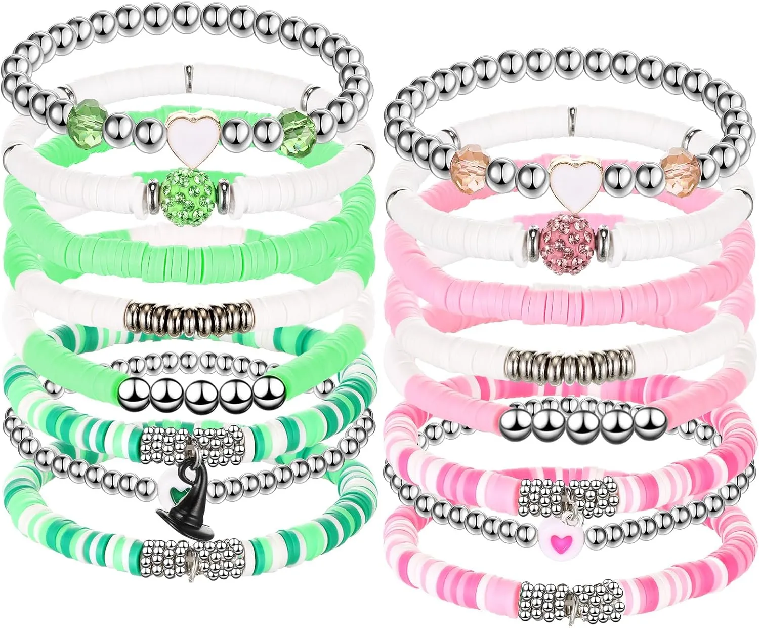 Tondiamo 16 Pcs Witch Friendship Bracelets Witch Hat Magic Wand Crown Bracelets for Women Stackable Beaded Friendship Stretch Bracelets for Witches Party Dress Decor, Pink Green