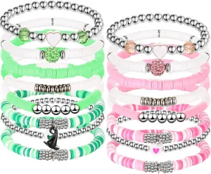 Tondiamo 16 Pcs Witch Friendship Bracelets Witch Hat Magic Wand Crown Bracelets for Women Stackable Beaded Friendship Stretch Bracelets for Witches Party Dress Decor, Pink Green