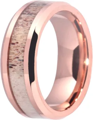 Tungsten Rings for Men Wedding Band Deer Antler Inlaid Rose Gold Bevel Vikings Hunting Band - Free Customized Ring