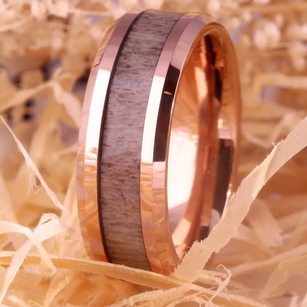 Tungsten Rings for Men Wedding Band Deer Antler Inlaid Rose Gold Bevel Vikings Hunting Band - Free Customized Ring