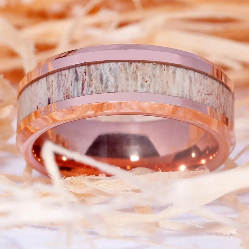 Tungsten Rings for Men Wedding Band Deer Antler Inlaid Rose Gold Bevel Vikings Hunting Band - Free Customized Ring