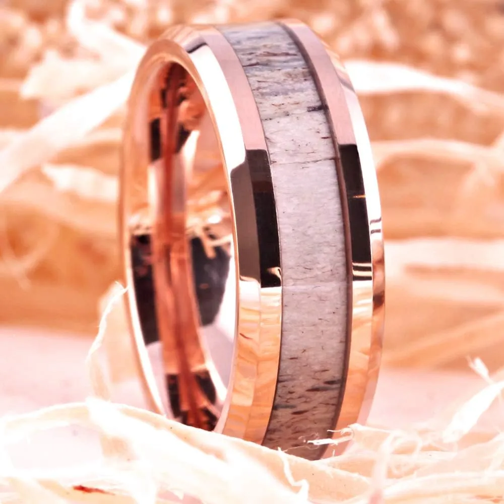 Tungsten Rings for Men Wedding Band Deer Antler Inlaid Rose Gold Bevel Vikings Hunting Band - Free Customized Ring