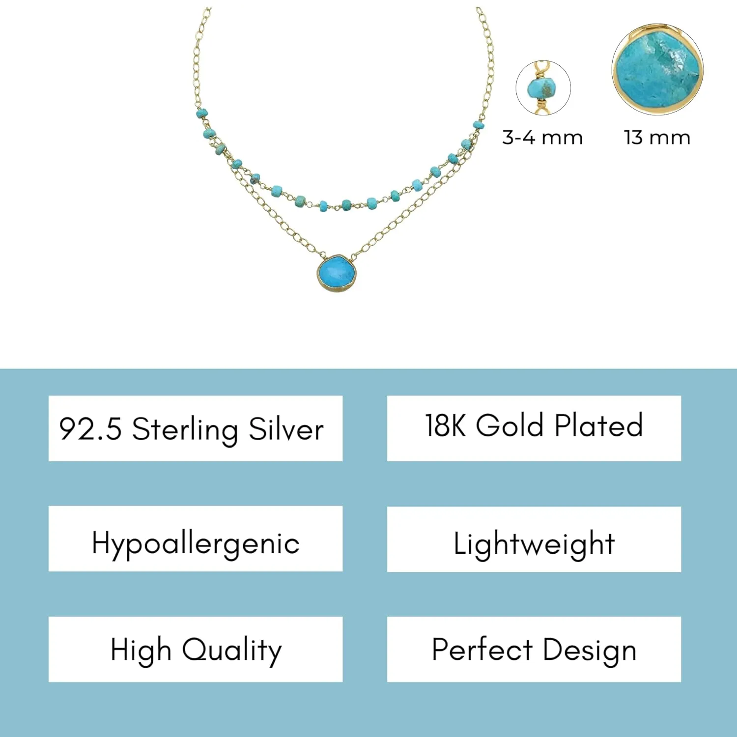 Turquoise Layering Necklace for Women, Premium Layered Gold Necklaces - Tarnish Free 18K Gold Plated Certified S925 Classic Stack Necklace Gold Jewelry for Women - Mothers Day Gifts for Mom Wife