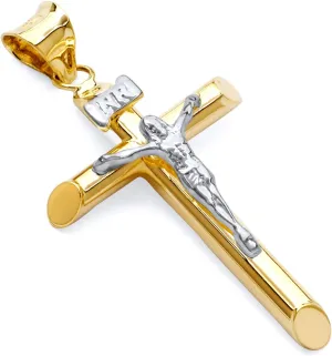 TWJC 14k REAL Two Tone Gold Religious Crucifix Jesus Cross Charm Pendant (35 x 15 mm)