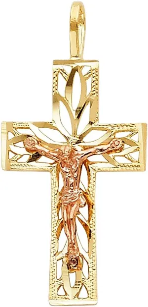 TWJC 14k REAL Two Tone Gold Religious Crucifix Jesus Cross Charm Pendant