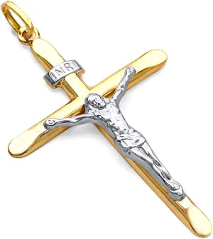 TWJC 14k REAL Two Tone Gold Religious Crucifix Jesus Cross Charm Pendant