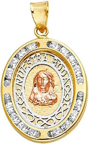 TWJC 14k Tri Color Gold CZ Oval Nuestra Boda Charm Pendant with Jesus