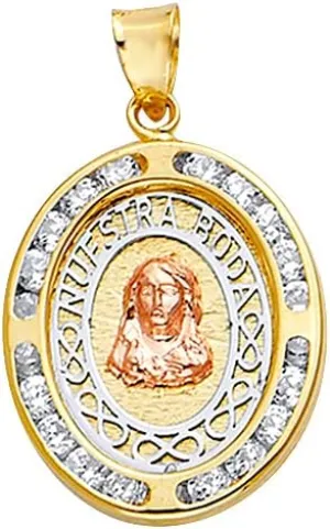 TWJC 14k Tri Color Gold CZ Oval Nuestra Boda Charm Pendant with Jesus