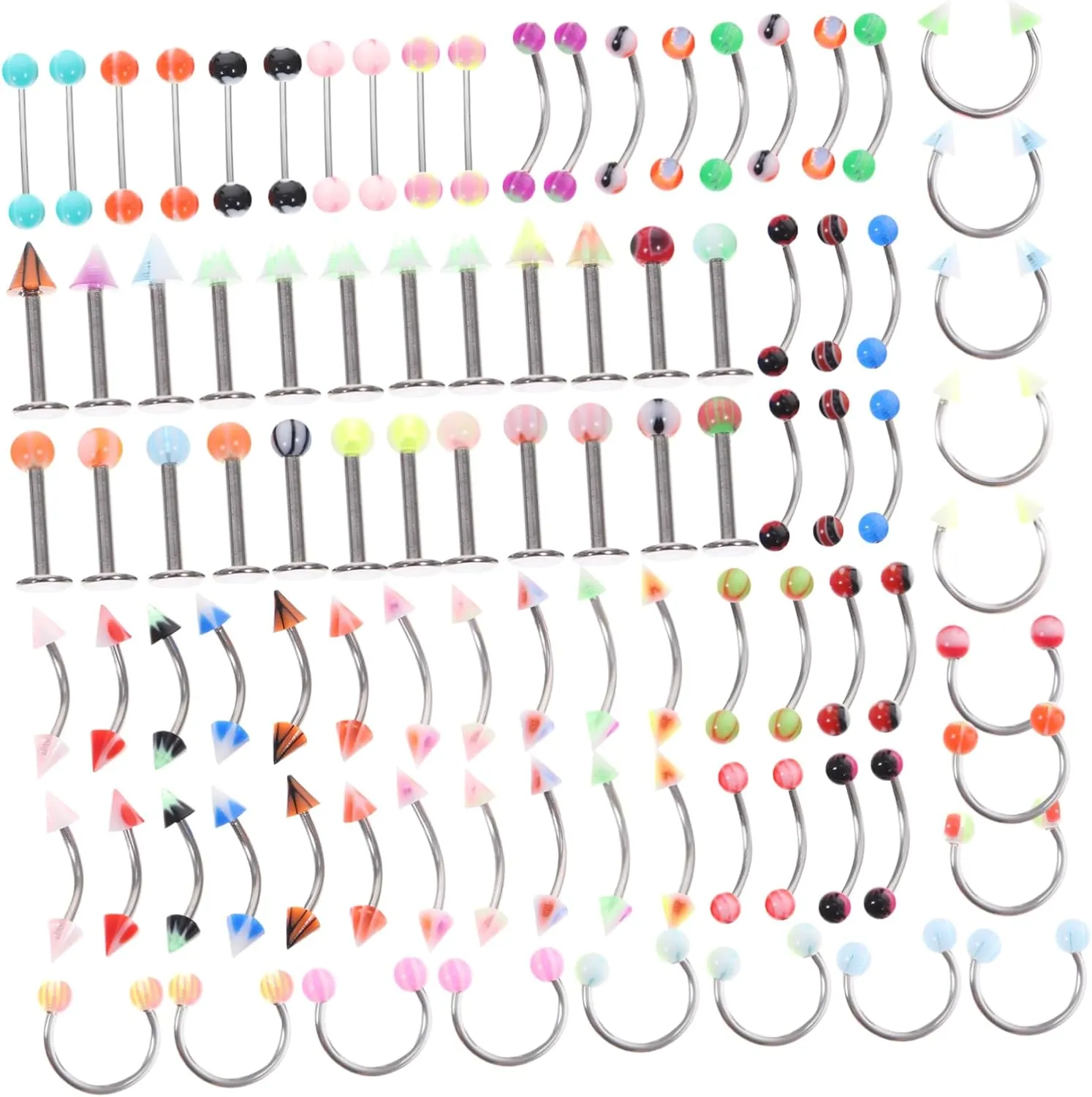 VALICLUD Stunning Jewelry Set 110pcs Kit Eyebrow Tongue Lip Navel Bar Rings for Parties and Events