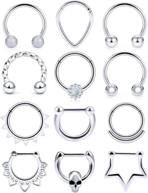 Vsnnsns 16G Septum Rings Piercing Jewelry 316L Stainless Surgical Steel Skull Flower Opal Clicker Horseshoe Septum Nose Rings Hoop Piercing Jewelry for Women Men Silver Black Rose Gold 10mm
