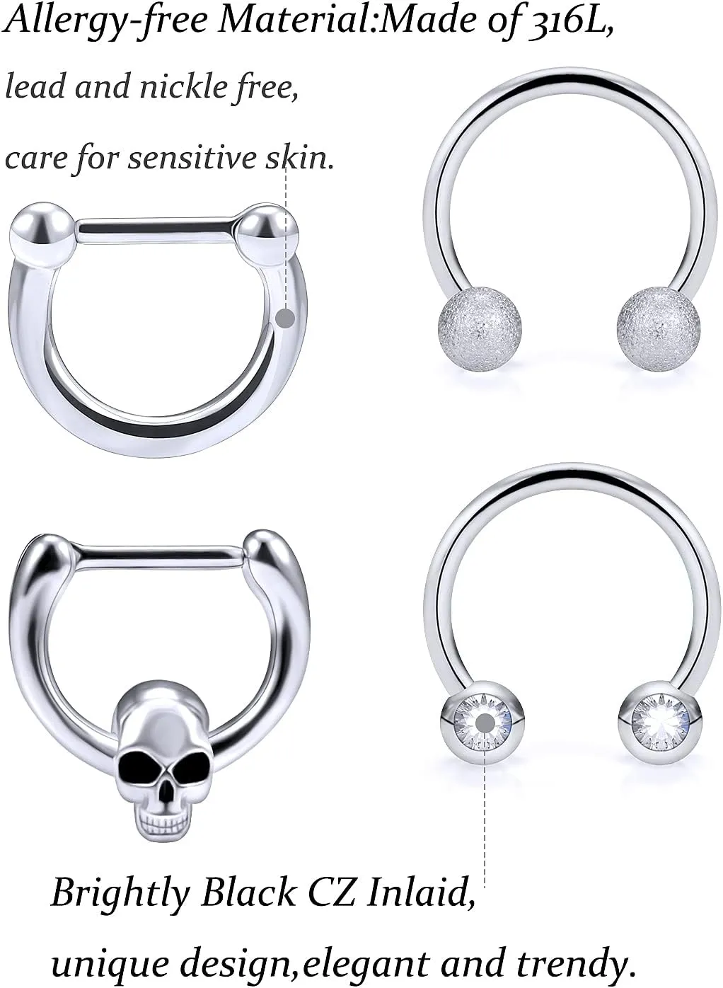 Vsnnsns 16G Septum Rings Piercing Jewelry 316L Stainless Surgical Steel Skull Flower Opal Clicker Horseshoe Septum Nose Rings Hoop Piercing Jewelry for Women Men Silver Black Rose Gold 10mm