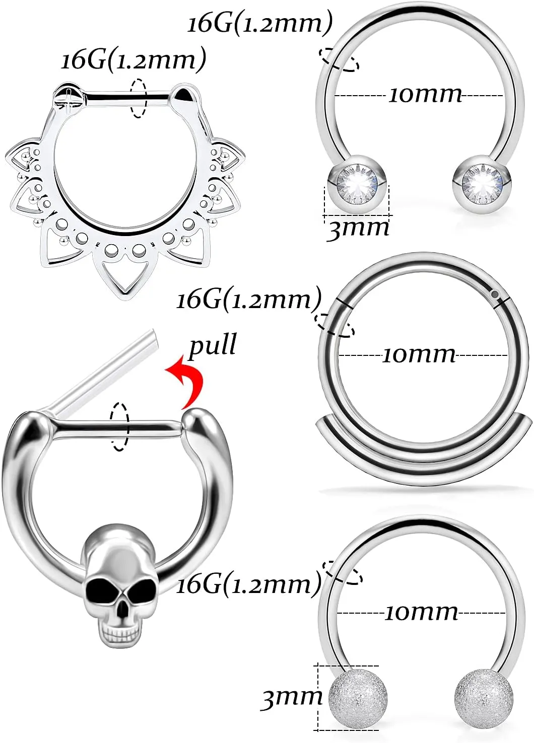 Vsnnsns 16G Septum Rings Piercing Jewelry 316L Stainless Surgical Steel Skull Flower Opal Clicker Horseshoe Septum Nose Rings Hoop Piercing Jewelry for Women Men Silver Black Rose Gold 10mm