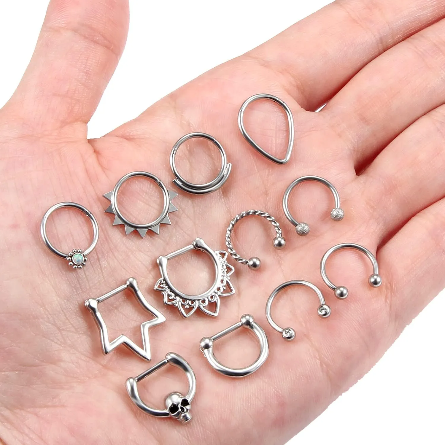 Vsnnsns 16G Septum Rings Piercing Jewelry 316L Stainless Surgical Steel Skull Flower Opal Clicker Horseshoe Septum Nose Rings Hoop Piercing Jewelry for Women Men Silver Black Rose Gold 10mm