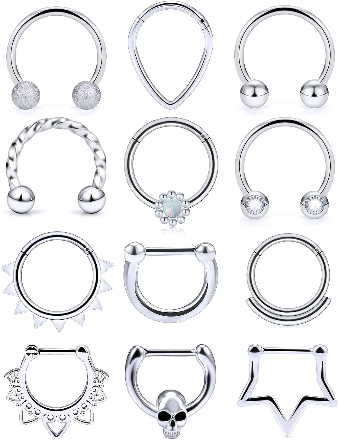 Vsnnsns 16G Septum Rings Piercing Jewelry 316L Stainless Surgical Steel Skull Flower Opal Clicker Horseshoe Septum Nose Rings Hoop Piercing Jewelry for Women Men Silver Black Rose Gold 10mm