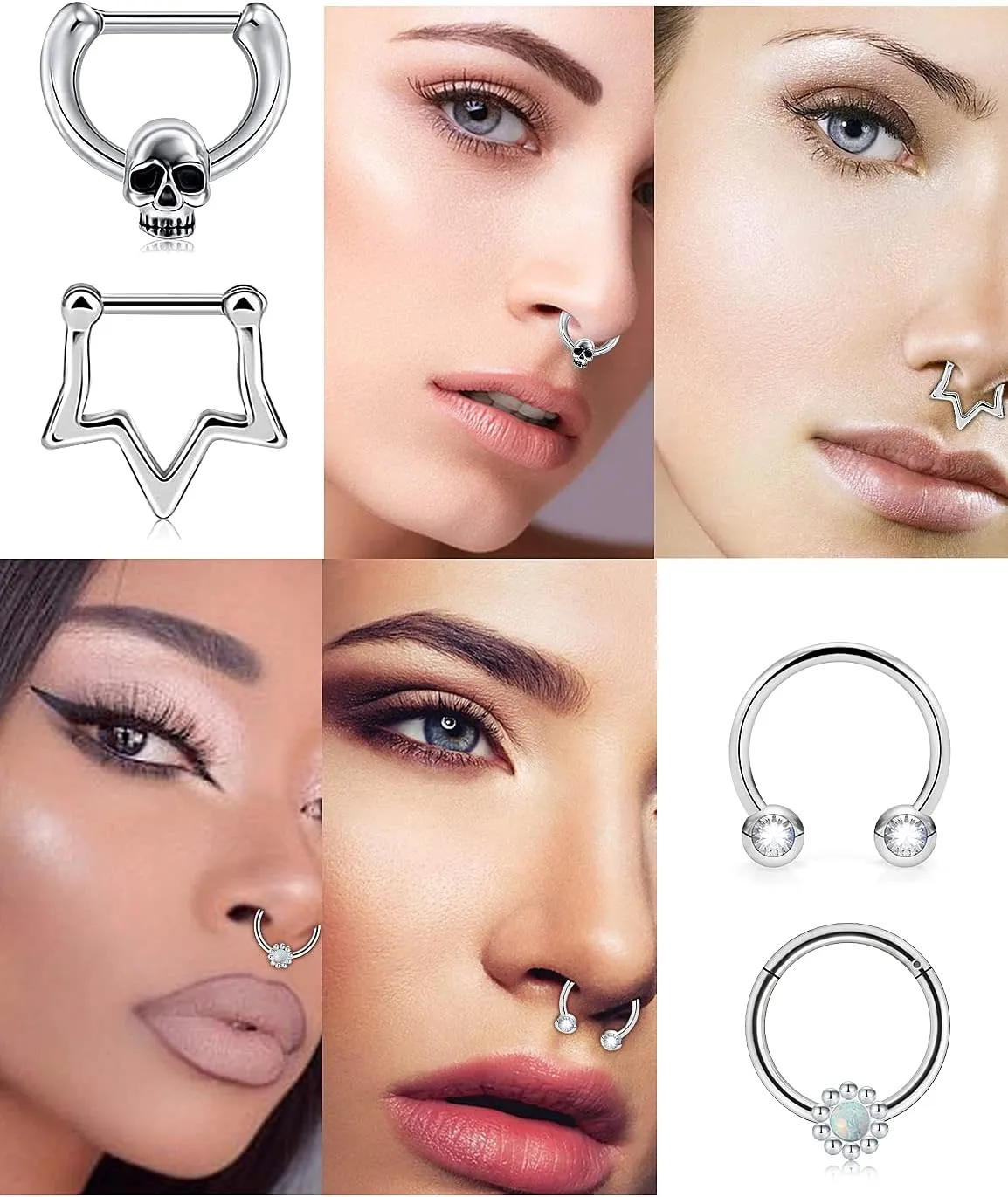 Vsnnsns 16G Septum Rings Piercing Jewelry 316L Stainless Surgical Steel Skull Flower Opal Clicker Horseshoe Septum Nose Rings Hoop Piercing Jewelry for Women Men Silver Black Rose Gold 10mm