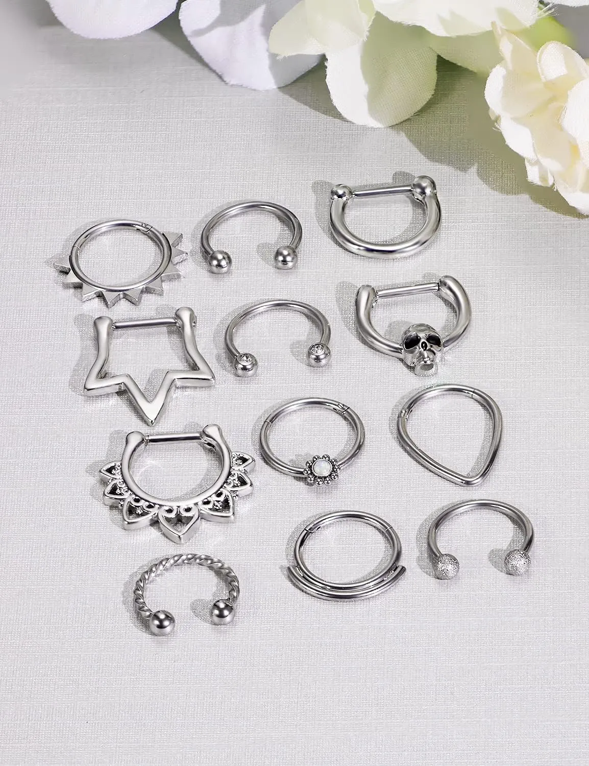 Vsnnsns 16G Septum Rings Piercing Jewelry 316L Stainless Surgical Steel Skull Flower Opal Clicker Horseshoe Septum Nose Rings Hoop Piercing Jewelry for Women Men Silver Black Rose Gold 10mm