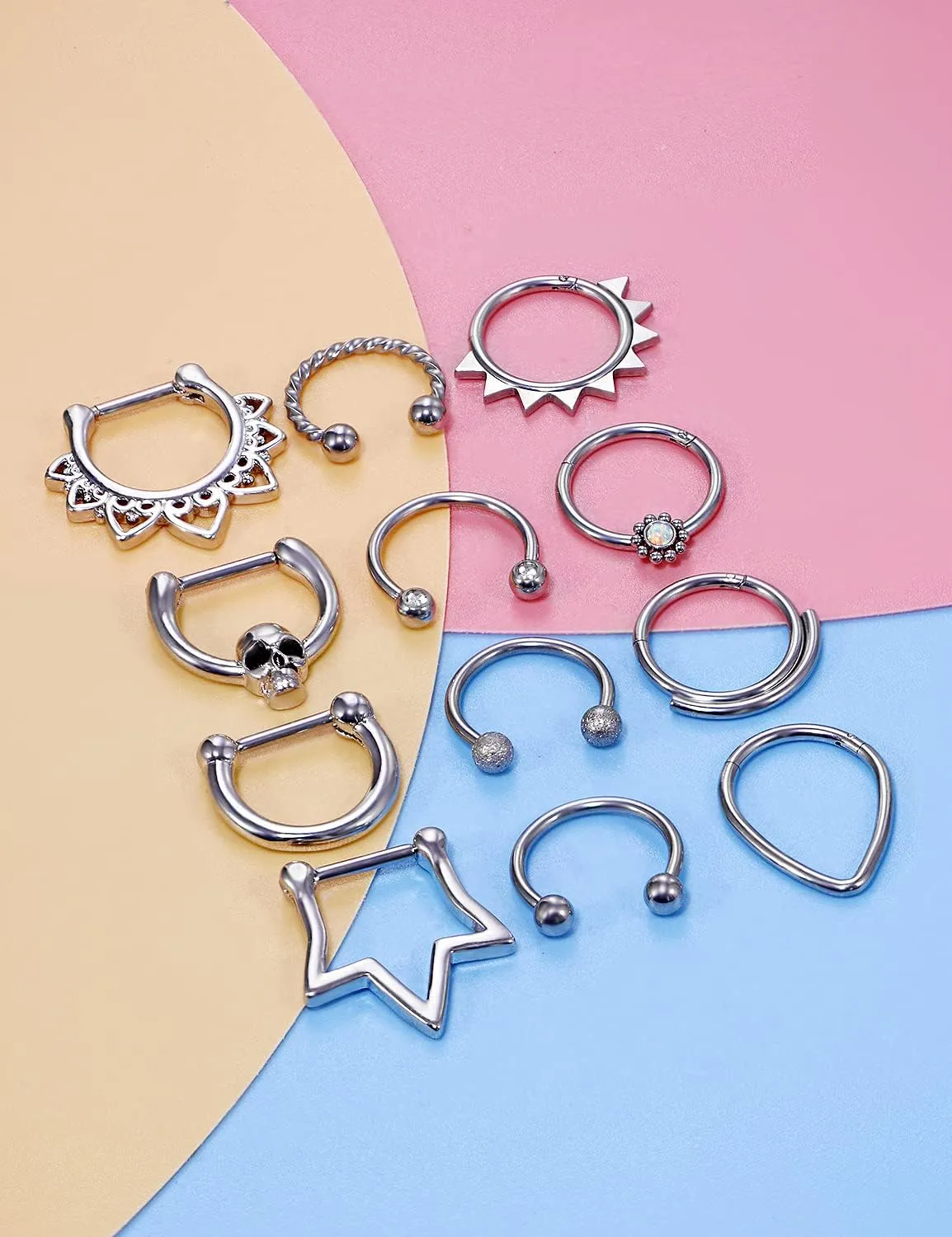Vsnnsns 16G Septum Rings Piercing Jewelry 316L Stainless Surgical Steel Skull Flower Opal Clicker Horseshoe Septum Nose Rings Hoop Piercing Jewelry for Women Men Silver Black Rose Gold 10mm