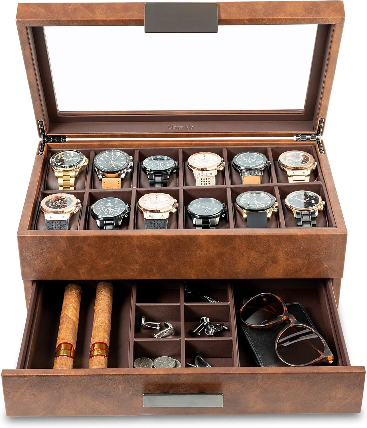 Watch Box with Valet Drawer for Men - 12 Slot Luxury Case Display Watch Organizer, Metal Buckle for Mens Jewelry Watches, Men's Storage Boxes Holder has Large Glass Top - PU Leather Brown