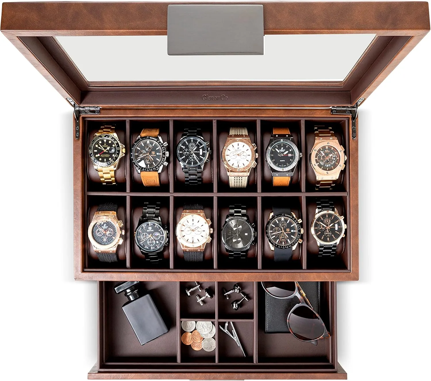 Watch Box with Valet Drawer for Men - 12 Slot Luxury Case Display Watch Organizer, Metal Buckle for Mens Jewelry Watches, Men's Storage Boxes Holder has Large Glass Top - PU Leather Brown
