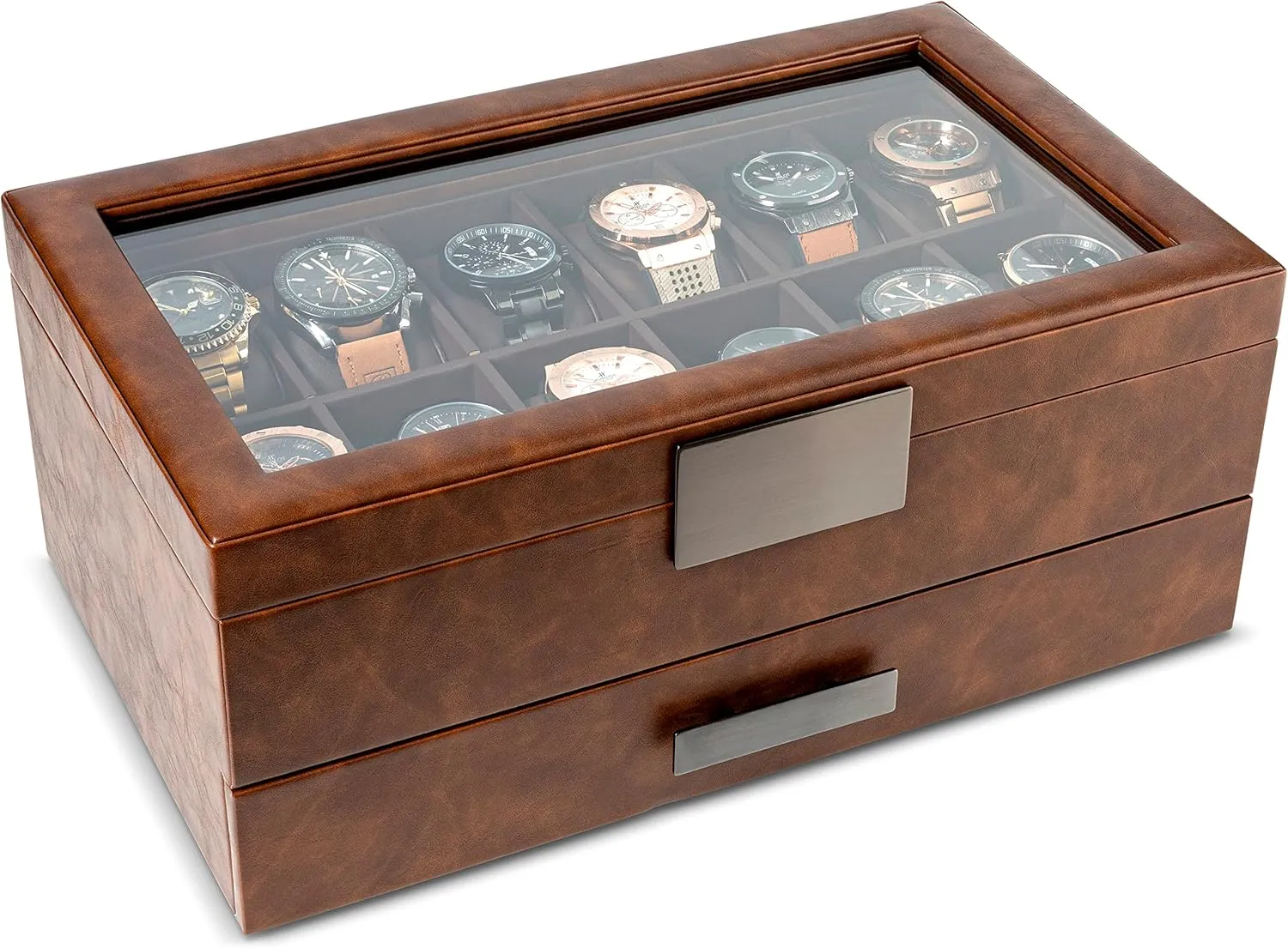 Watch Box with Valet Drawer for Men - 12 Slot Luxury Case Display Watch Organizer, Metal Buckle for Mens Jewelry Watches, Men's Storage Boxes Holder has Large Glass Top - PU Leather Brown