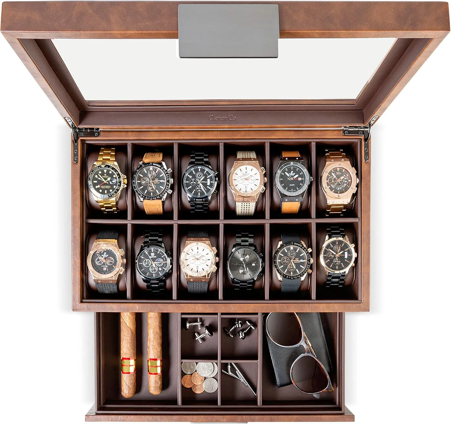 Watch Box with Valet Drawer for Men - 12 Slot Luxury Case Display Watch Organizer, Metal Buckle for Mens Jewelry Watches, Men's Storage Boxes Holder has Large Glass Top - PU Leather Brown