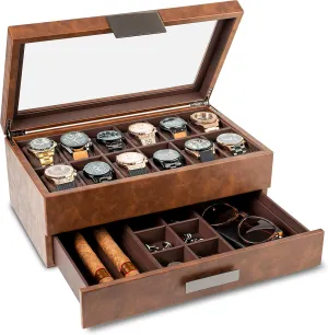 Watch Box with Valet Drawer for Men - 12 Slot Luxury Case Display Watch Organizer, Metal Buckle for Mens Jewelry Watches, Men's Storage Boxes Holder has Large Glass Top - PU Leather Brown