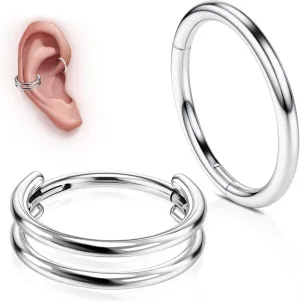 WBRWP G23 Titanium Conch Piercing Jewelry Set: 16G 8mm/10mm/12mm Double/Triple Hoop Nose Septum Rings Hypoallergenic Hinged Segment Clicker Helix Cartilage Conch Earrings