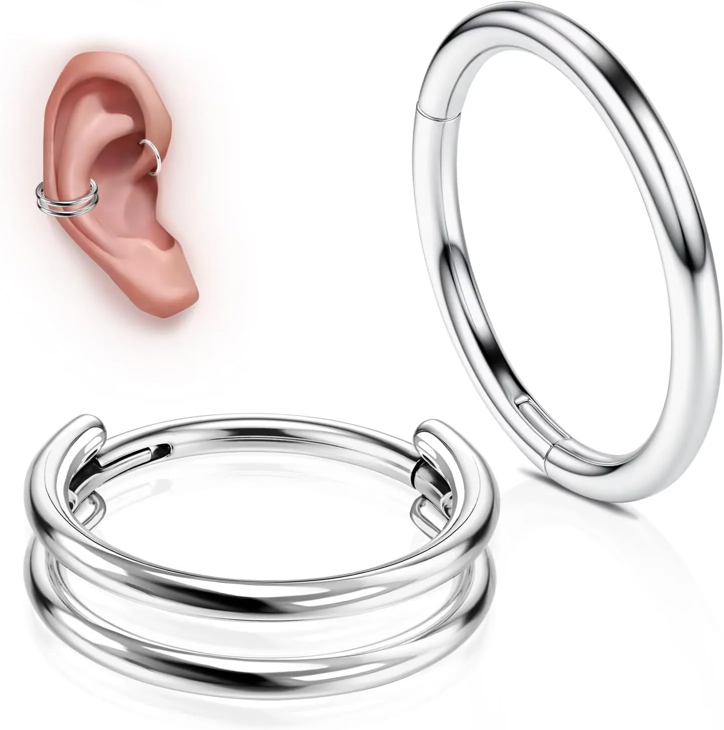 WBRWP G23 Titanium Conch Piercing Jewelry Set: 16G 8mm/10mm/12mm Double/Triple Hoop Nose Septum Rings Hypoallergenic Hinged Segment Clicker Helix Cartilage Conch Earrings