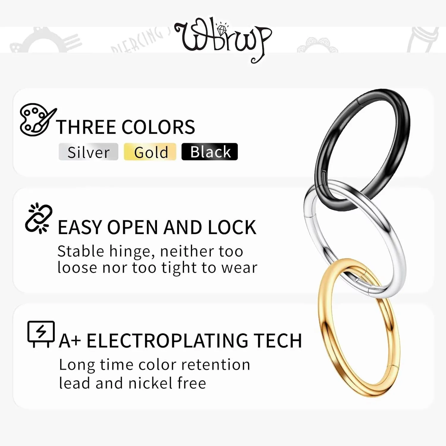 WBRWP G23 Titanium Conch Piercing Jewelry Set: 16G 8mm/10mm/12mm Double/Triple Hoop Nose Septum Rings Hypoallergenic Hinged Segment Clicker Helix Cartilage Conch Earrings