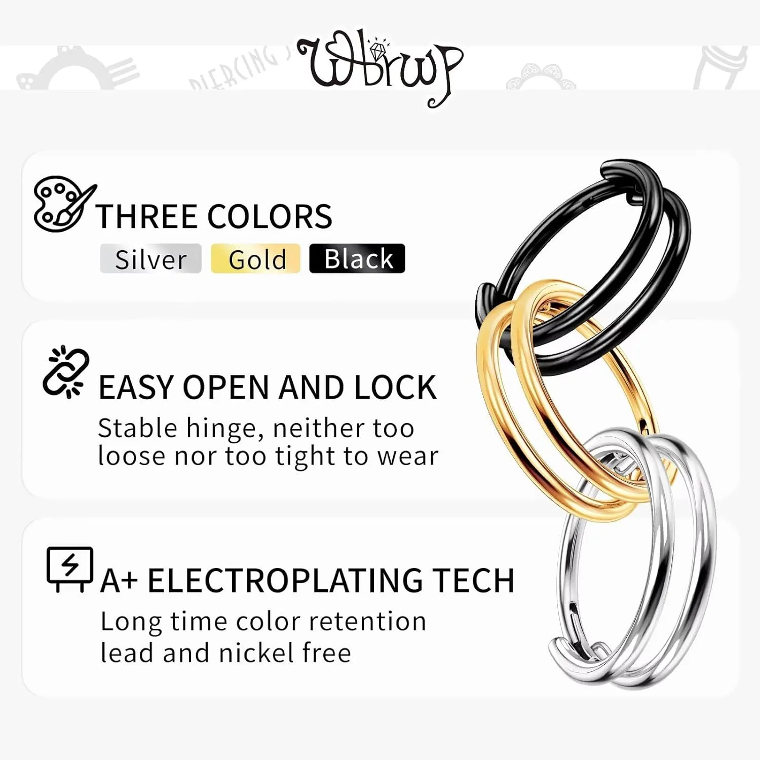 WBRWP G23 Titanium Conch Piercing Jewelry Set: 16G 8mm/10mm/12mm Double/Triple Hoop Nose Septum Rings Hypoallergenic Hinged Segment Clicker Helix Cartilage Conch Earrings